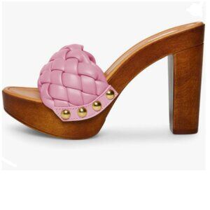 FSJ Pink Braided Open Toe Chunky High Heel Sandal Woven Slip On Mule Slippers